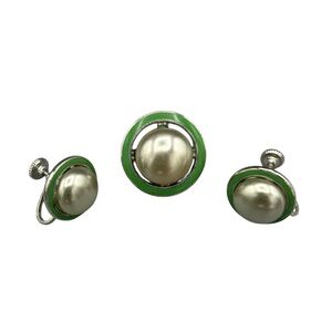Vintage Faux Pearl Screw Back Earrings & Matching Brooch Green Enamel Set